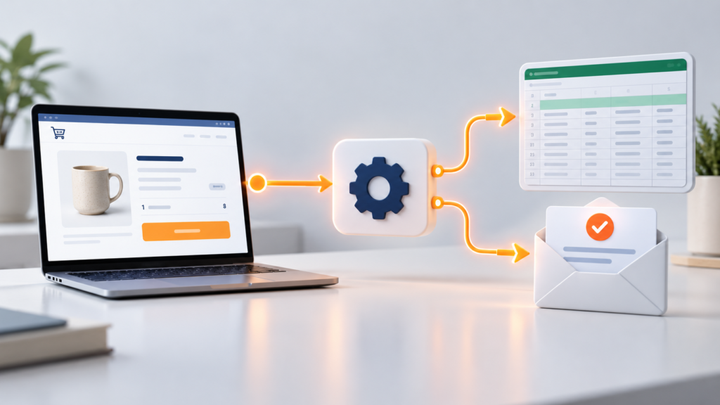 Illustration du workflow WooCommerce vers n8n, Google Sheets et Gmail